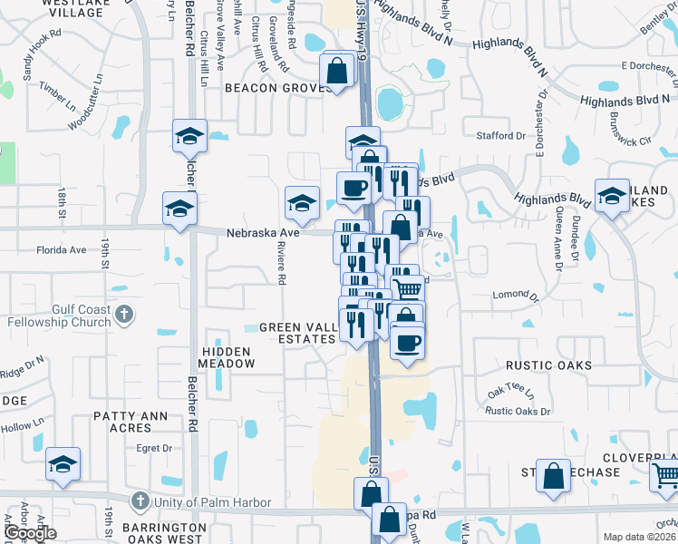 map of restaurants, bars, coffee shops, grocery stores, and more near 33470 U.S. 19 in Palm Harbor