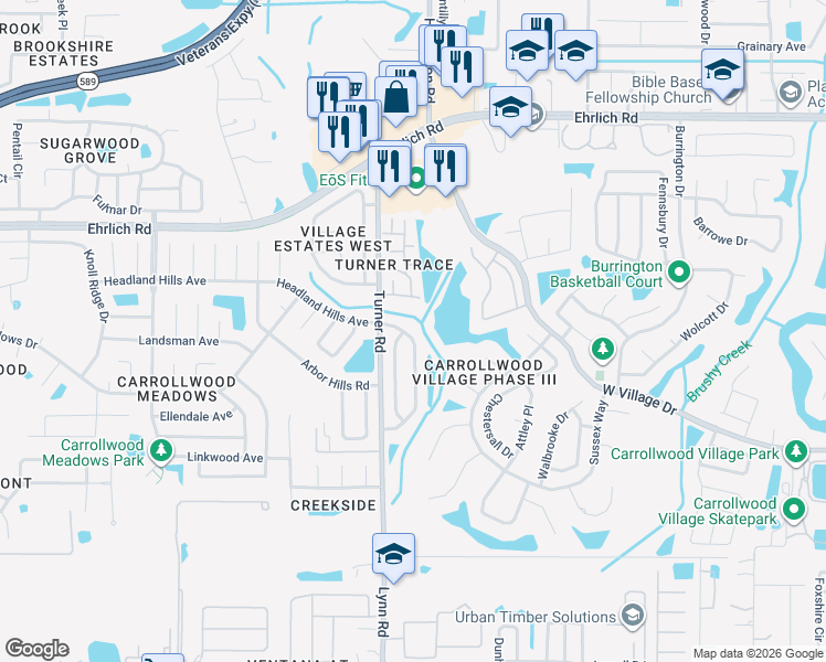 map of restaurants, bars, coffee shops, grocery stores, and more near 14301 Village View Drive in Tampa