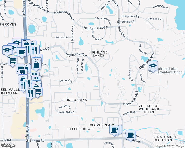 map of restaurants, bars, coffee shops, grocery stores, and more near 3000 Highlands Boulevard in Palm Harbor