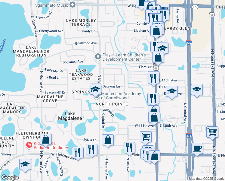 map of restaurants, bars, coffee shops, grocery stores, and more near 14304 Capitol Drive in Tampa