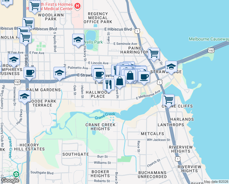 map of restaurants, bars, coffee shops, grocery stores, and more near 2103 Grant Place in Melbourne