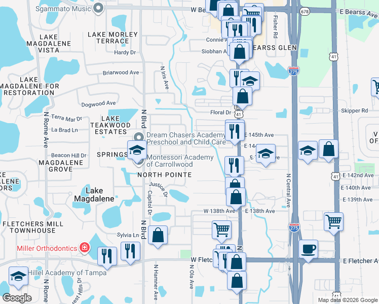 map of restaurants, bars, coffee shops, grocery stores, and more near 14337 Diplomat Drive in Tampa