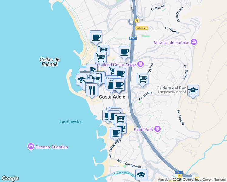 map of restaurants, bars, coffee shops, grocery stores, and more near 20 Avenida de los Pueblos in Costa Adeje
