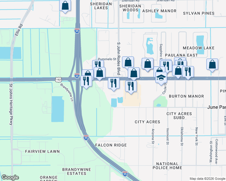 map of restaurants, bars, coffee shops, grocery stores, and more near 4455 West New Haven Avenue in Melbourne