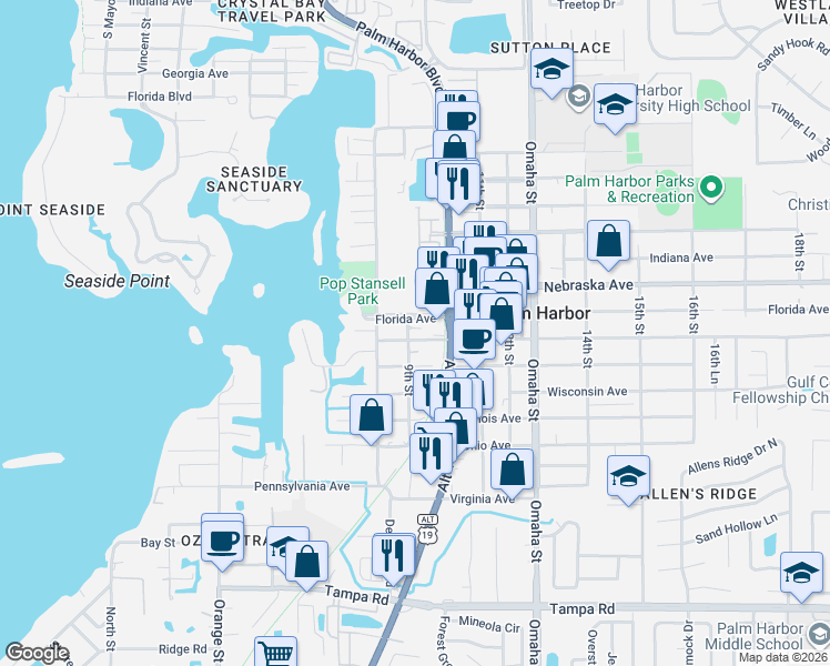 map of restaurants, bars, coffee shops, grocery stores, and more near 904 Georgia Avenue in Palm Harbor