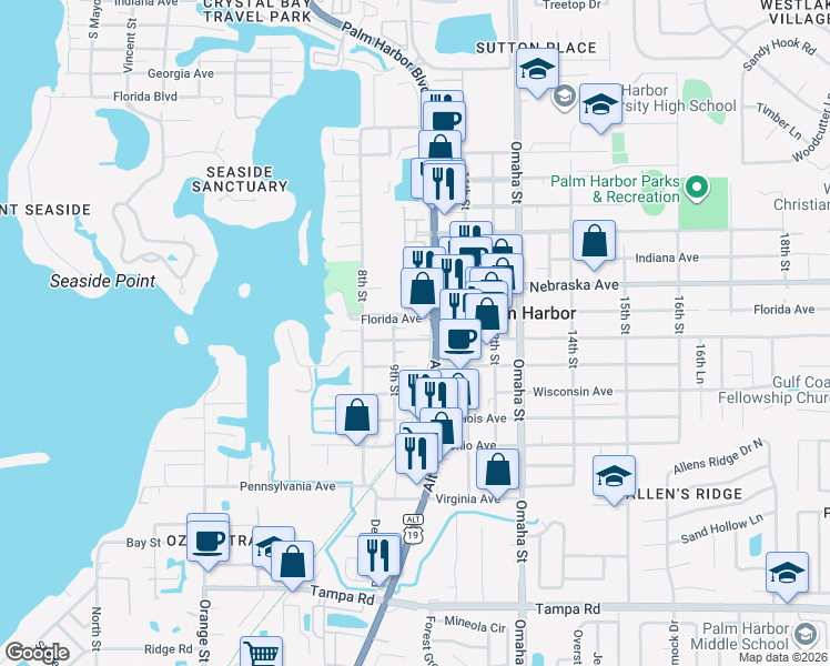 map of restaurants, bars, coffee shops, grocery stores, and more near 949 Georgia Avenue in Palm Harbor
