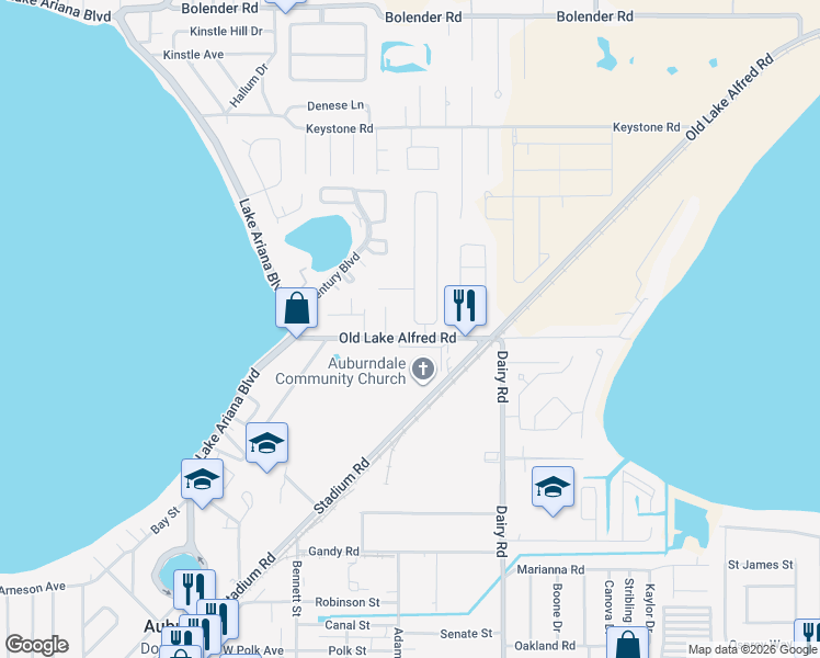 map of restaurants, bars, coffee shops, grocery stores, and more near 328 Bentley Oaks Boulevard in Auburndale