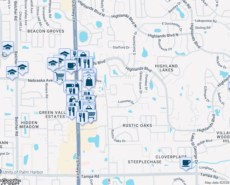 map of restaurants, bars, coffee shops, grocery stores, and more near 1130 Orange Tree Circle West in Palm Harbor