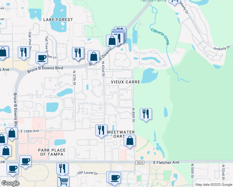 map of restaurants, bars, coffee shops, grocery stores, and more near 14327 Hanging Moss Circle in Tampa