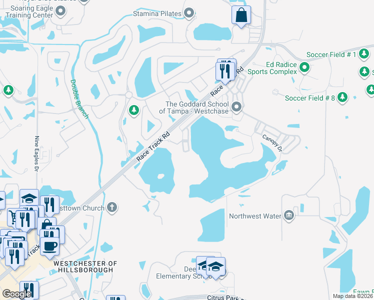 map of restaurants, bars, coffee shops, grocery stores, and more near 14541 Cotswolds Drive in Tampa