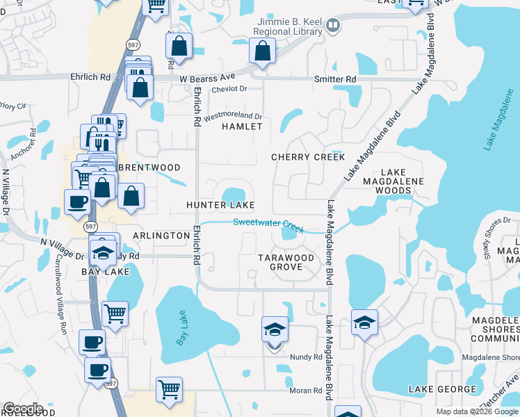 map of restaurants, bars, coffee shops, grocery stores, and more near 3323 Foxridge Circle in Tampa