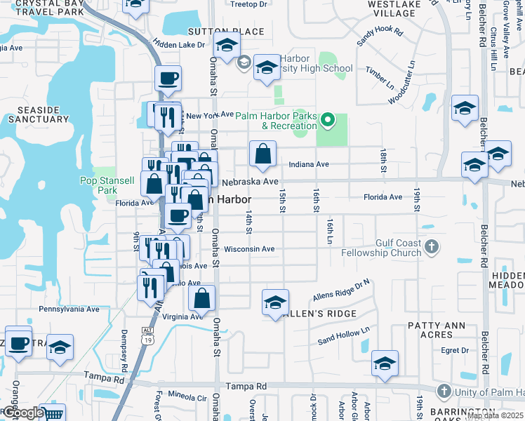 map of restaurants, bars, coffee shops, grocery stores, and more near in Palm Harbor
