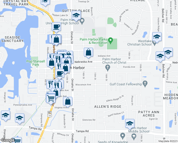 map of restaurants, bars, coffee shops, grocery stores, and more near 1421 Georgia Avenue in Palm Harbor