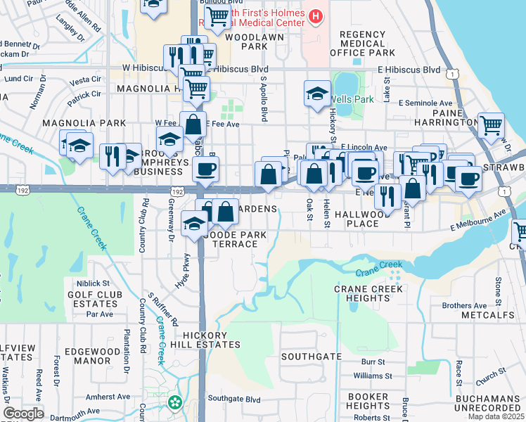 map of restaurants, bars, coffee shops, grocery stores, and more near 2106 Franklin Street in Melbourne