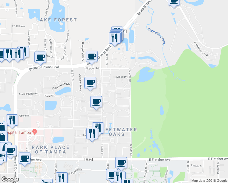 map of restaurants, bars, coffee shops, grocery stores, and more near 14327 Hanging Moss Circle in Tampa