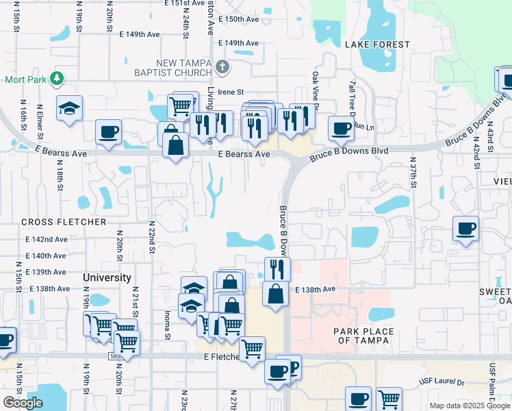 map of restaurants, bars, coffee shops, grocery stores, and more near 14501 Prism Circle in Tampa