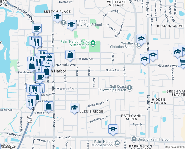 map of restaurants, bars, coffee shops, grocery stores, and more near 993 16th Way in Palm Harbor