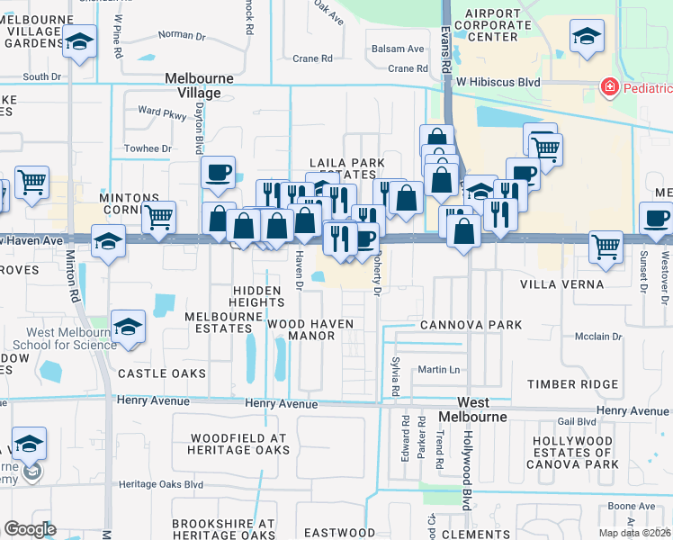 map of restaurants, bars, coffee shops, grocery stores, and more near 2399 Josh Court in West Melbourne