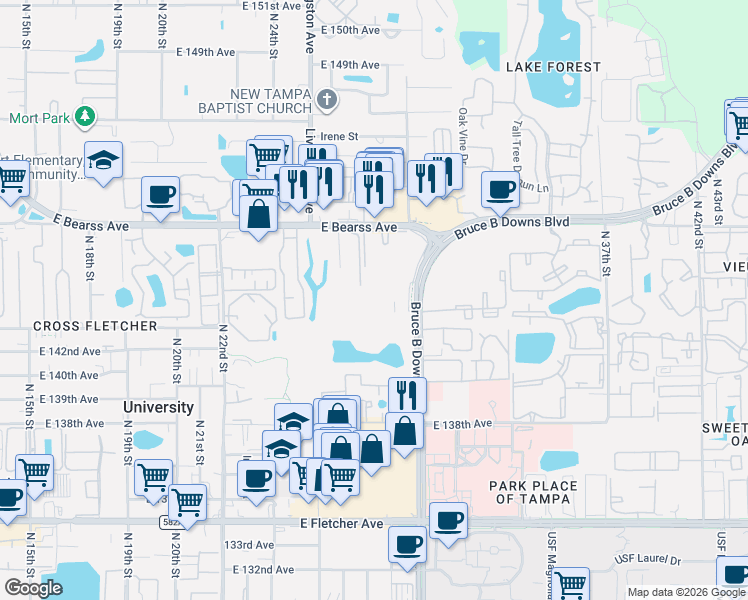 map of restaurants, bars, coffee shops, grocery stores, and more near 14501 Prism Circle in Tampa