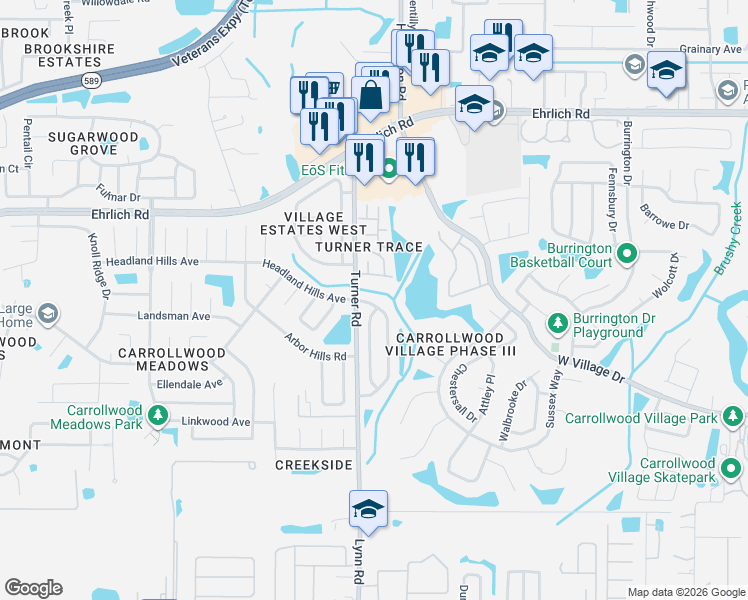 map of restaurants, bars, coffee shops, grocery stores, and more near 14301 Village View Drive in Tampa