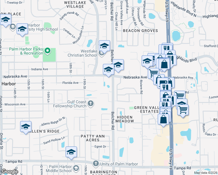 map of restaurants, bars, coffee shops, grocery stores, and more near 1023 Belcher Road in Palm Harbor