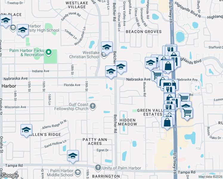 map of restaurants, bars, coffee shops, grocery stores, and more near 1023 Belcher Road in Palm Harbor