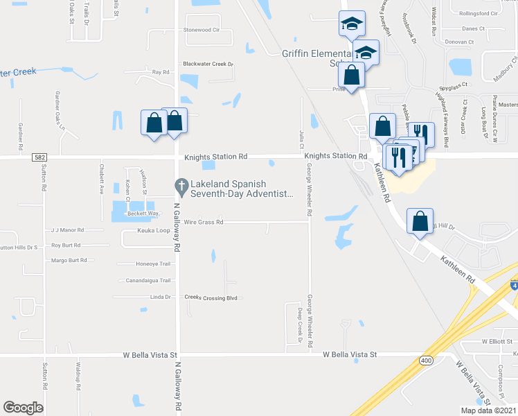 map of restaurants, bars, coffee shops, grocery stores, and more near 2727 Wiregrass Road in Lakeland