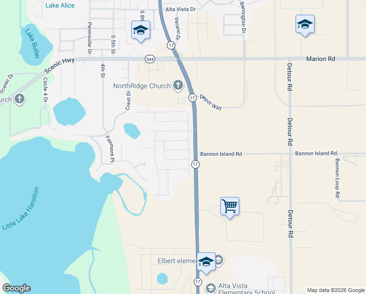map of restaurants, bars, coffee shops, grocery stores, and more near 2588-2598 Highway 17 in Haines City
