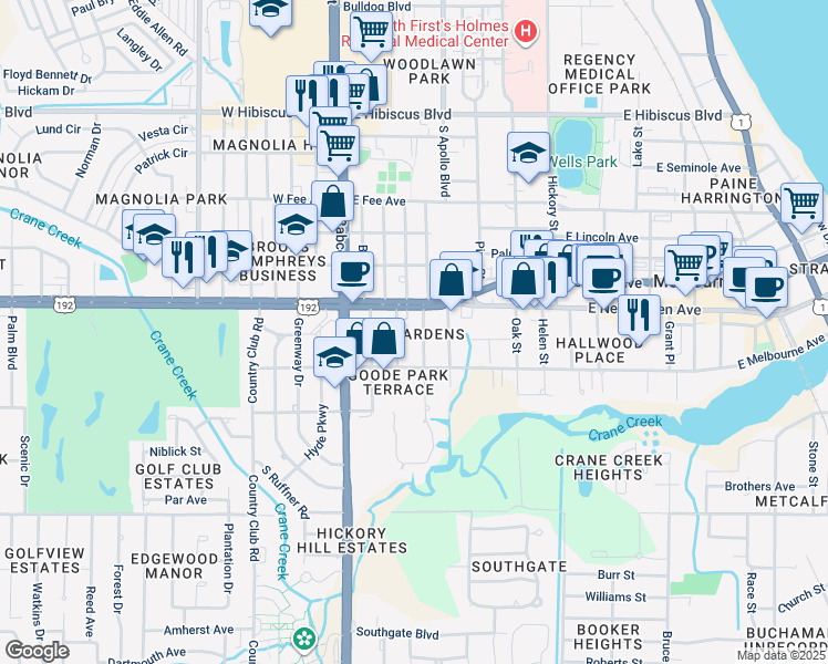 map of restaurants, bars, coffee shops, grocery stores, and more near 2107 Pennwood Drive in Melbourne
