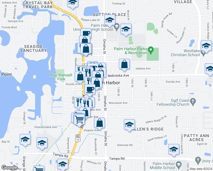 map of restaurants, bars, coffee shops, grocery stores, and more near 927 Omaha Street in Palm Harbor