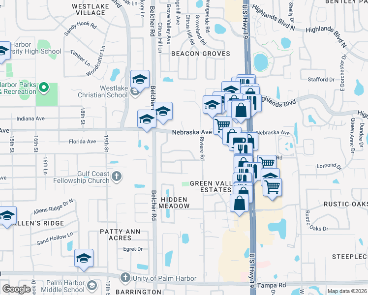 map of restaurants, bars, coffee shops, grocery stores, and more near 2221 Cimarron Terrace in Palm Harbor
