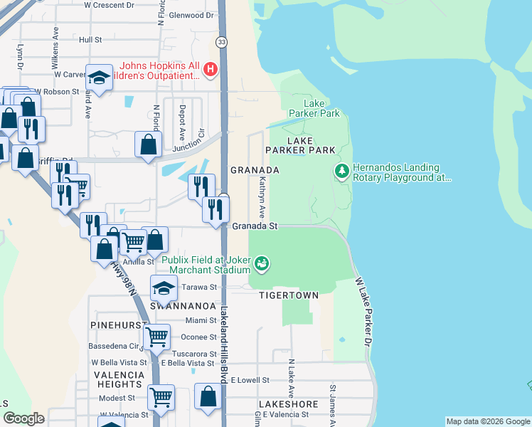 map of restaurants, bars, coffee shops, grocery stores, and more near 2700 Kathryn Avenue in Lakeland