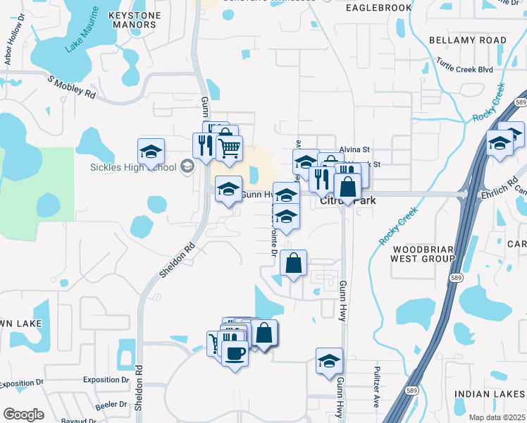 map of restaurants, bars, coffee shops, grocery stores, and more near 7609 Caracal Court in Tampa