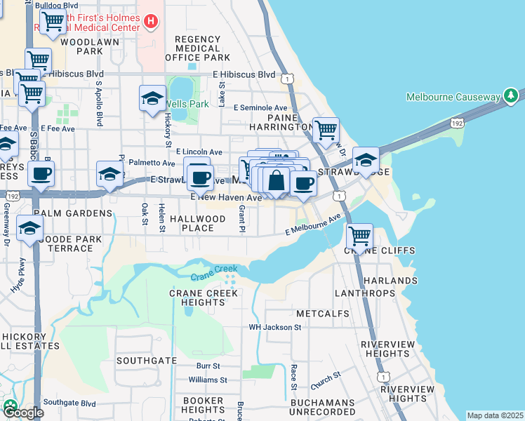 map of restaurants, bars, coffee shops, grocery stores, and more near 2015 Waverly Place in Melbourne