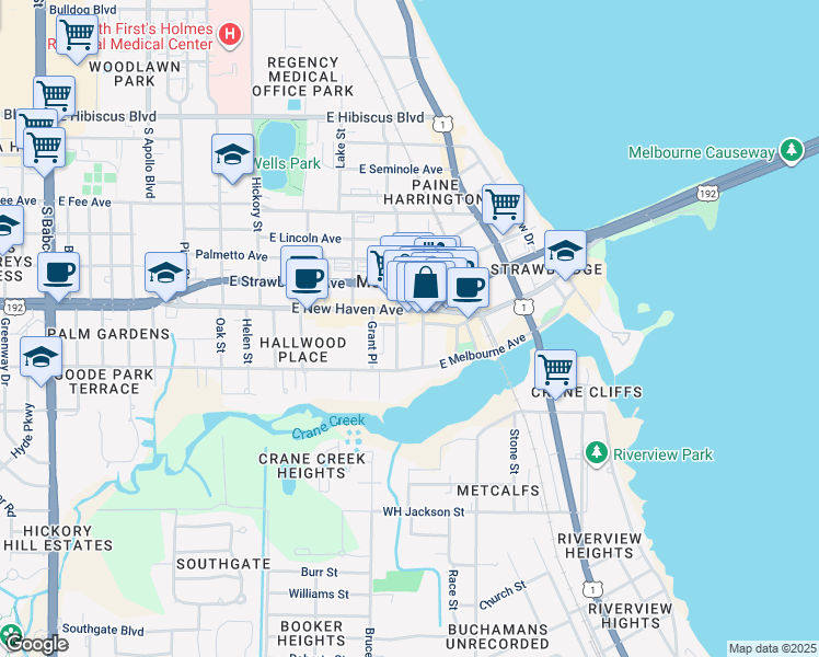 map of restaurants, bars, coffee shops, grocery stores, and more near 2015 Waverly Place in Melbourne