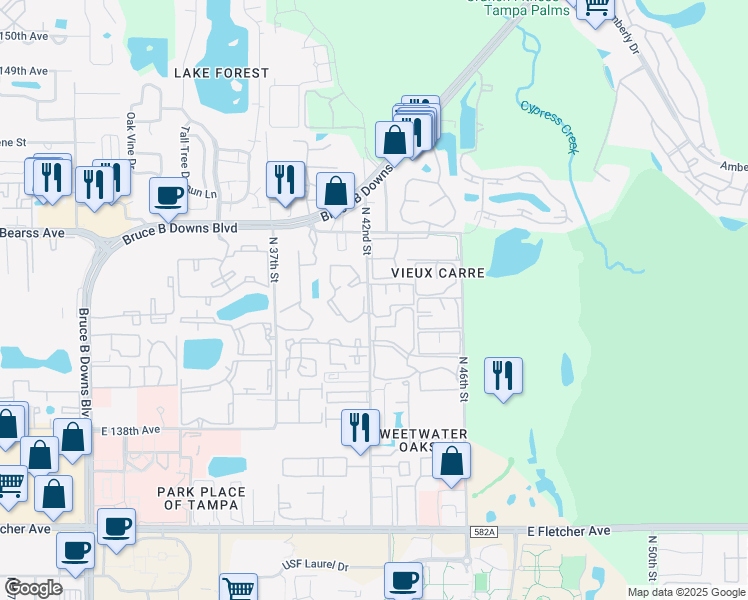 map of restaurants, bars, coffee shops, grocery stores, and more near 14404 Reuter Strasse Circle in Tampa