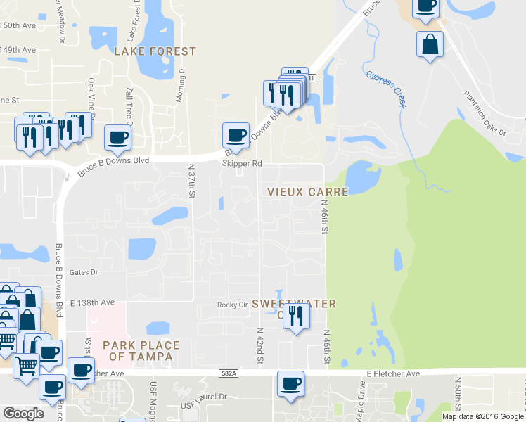 map of restaurants, bars, coffee shops, grocery stores, and more near 14404 Reuter Strasse Circle in Tampa