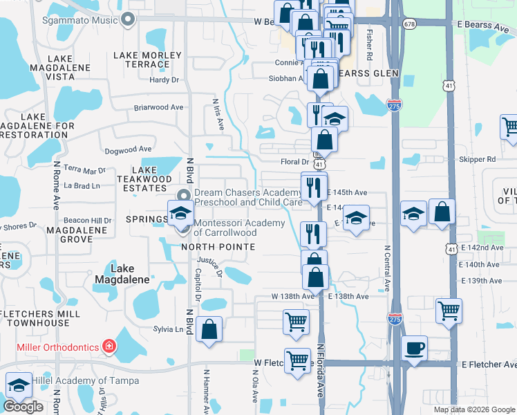 map of restaurants, bars, coffee shops, grocery stores, and more near 14506 Diplomat Drive in Tampa