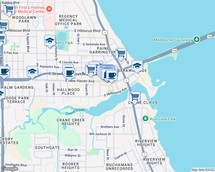 map of restaurants, bars, coffee shops, grocery stores, and more near 912a East New Haven Avenue in Melbourne
