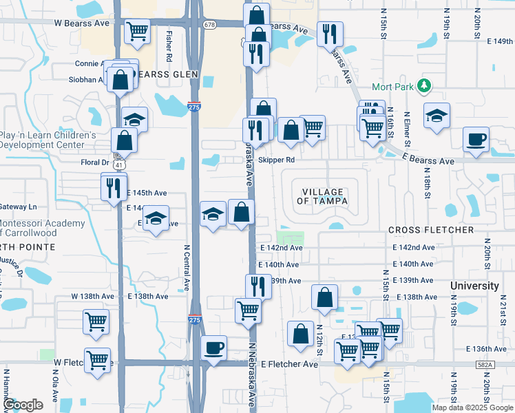 map of restaurants, bars, coffee shops, grocery stores, and more near 14409 North Nebraska Avenue in Tampa