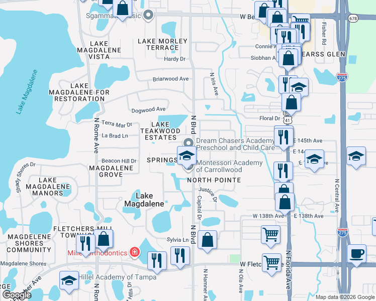 map of restaurants, bars, coffee shops, grocery stores, and more near 910 Oak Stone Drive in Tampa