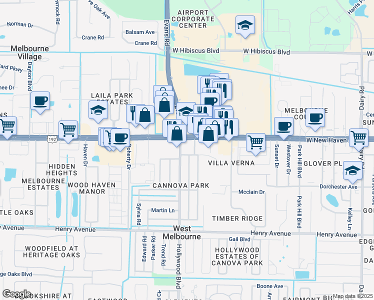map of restaurants, bars, coffee shops, grocery stores, and more near 2 Hollywood Boulevard in West Melbourne