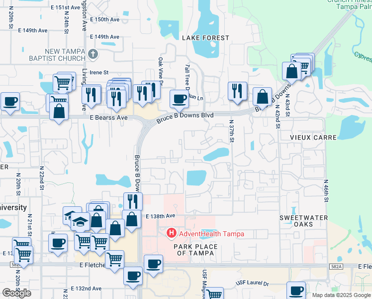 map of restaurants, bars, coffee shops, grocery stores, and more near 3416 Palm Crossing Drive in Tampa