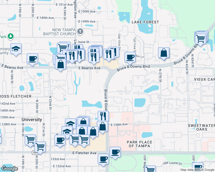 map of restaurants, bars, coffee shops, grocery stores, and more near 14370 Bruce B Downs Boulevard in Tampa