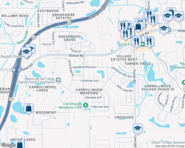 map of restaurants, bars, coffee shops, grocery stores, and more near 14310 Promontory Point Place in Tampa