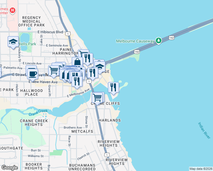 map of restaurants, bars, coffee shops, grocery stores, and more near 2221 Front Street in Melbourne