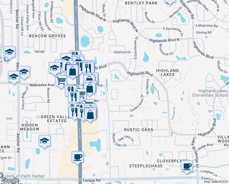 map of restaurants, bars, coffee shops, grocery stores, and more near 1150 Orange Tree Circle East in Palm Harbor