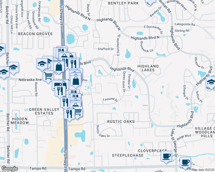 map of restaurants, bars, coffee shops, grocery stores, and more near 1194 Royal Boulevard in Palm Harbor