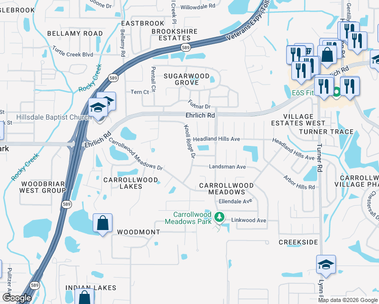 map of restaurants, bars, coffee shops, grocery stores, and more near 14314 Knoll Ridge Drive in Tampa