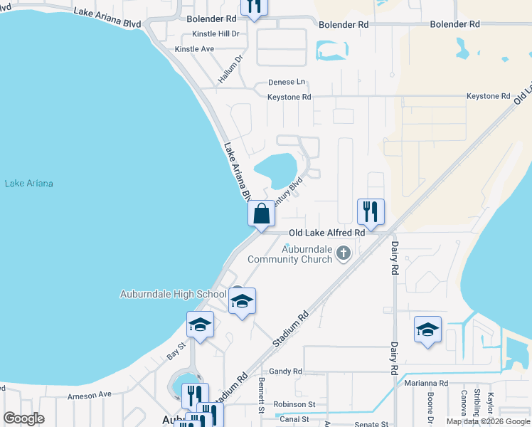 map of restaurants, bars, coffee shops, grocery stores, and more near 1000 Ariana Boulevard in Auburndale